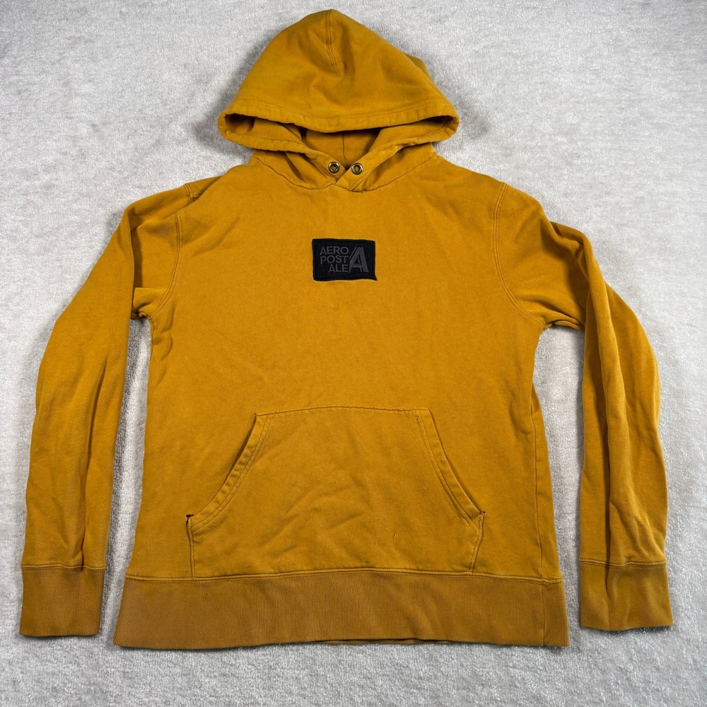 Aeropostale Hoodie Mens Medium Yellow Pullover Logo Patch Kangaroo Pocket Solid